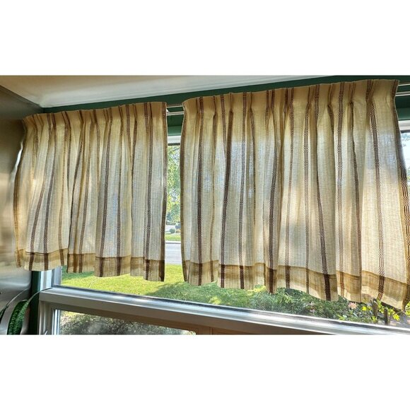 Vintage 70s pleated curtain, beige brown lined woven panel, striped, per panel - Picture 2 of 10